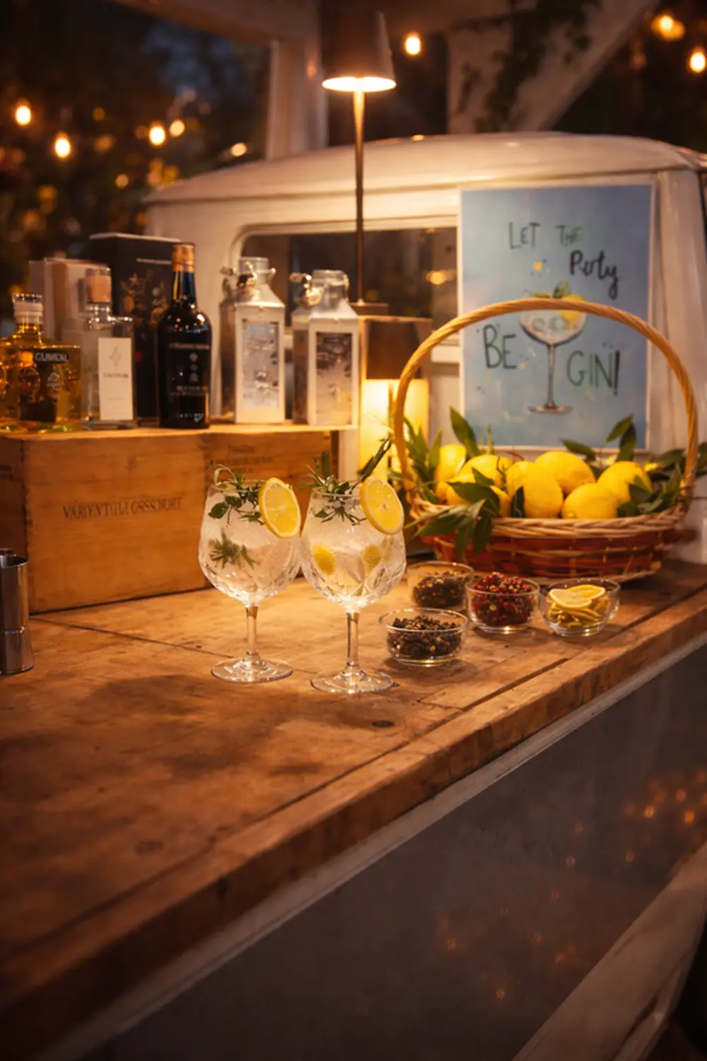 Gin bar con gin tonic e cesto di limoni
