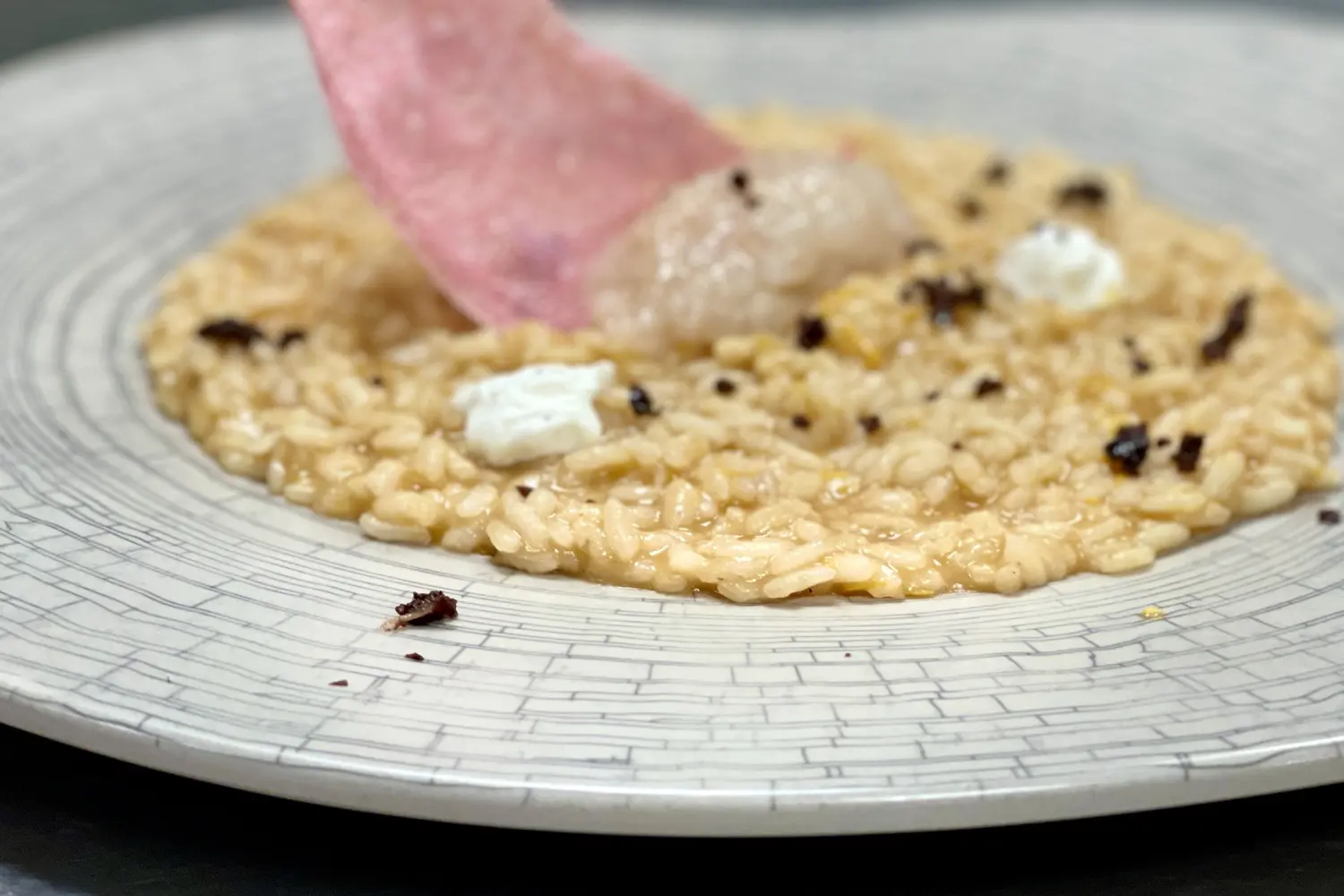 Risotto con chip rosa croccante, ciuffi di formaggio fresco e scaglie scure