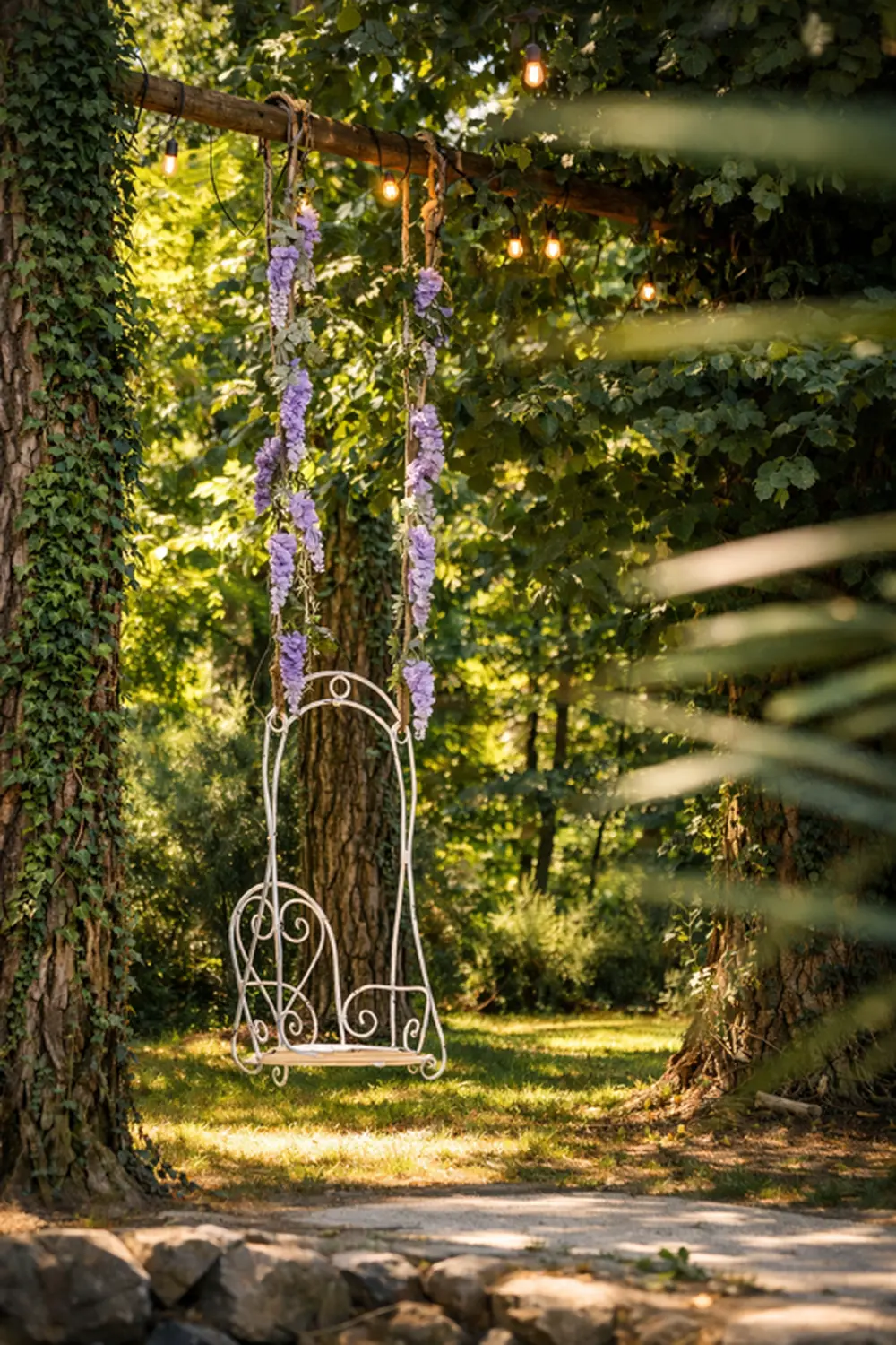Altalena con glicine nel bosco