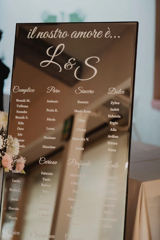 Tableau de mariage su specchio con lettering e nomi dei tavoli, in una sala allestita per il ricevimento.